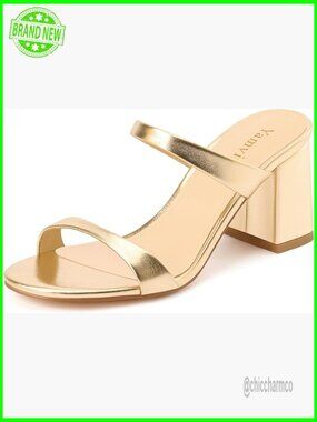 Gold Chunky Heel Mules Two Strap Sandals Slide On Open Toe Summer Shoes